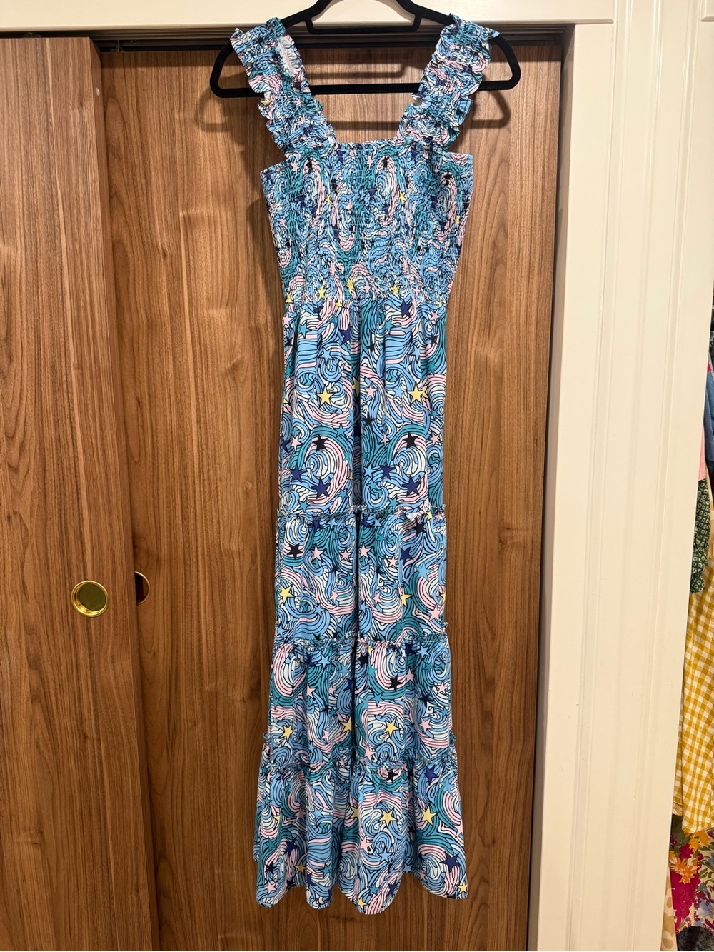 Dressed in LALA Blue Swirl Ruffle-Strap Maxi Dress with Pastel Accents M